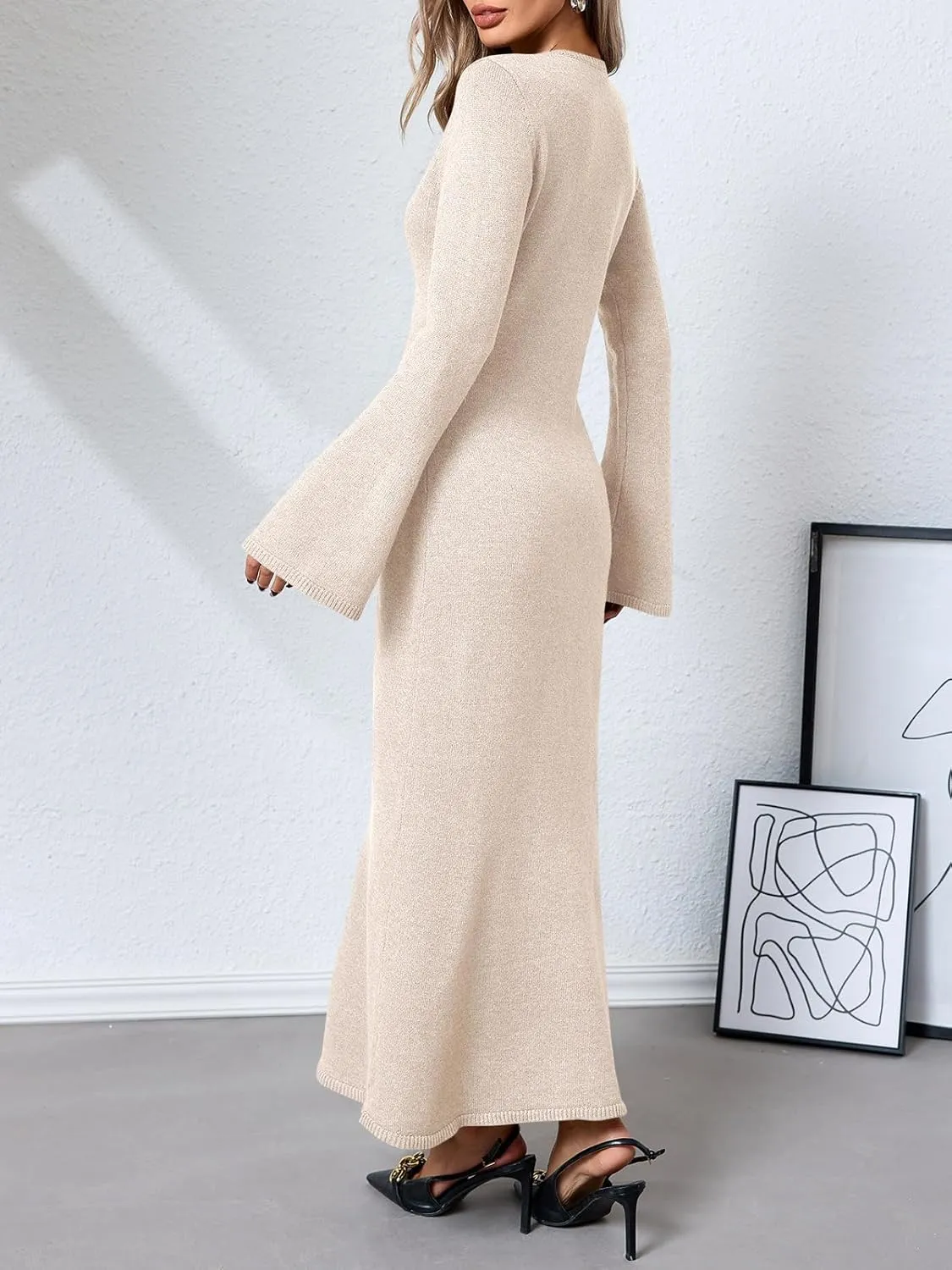 Yousify Womens Bell Long Sleeve Maxi Dress Casual Crewneck Knit Slim Fit Flowy Sweater Dresses