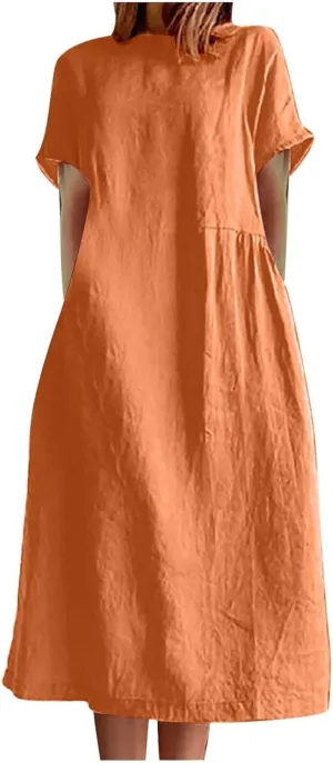 ZDRZK Beach Dresses for Women Cotton Linen Short Sleeve Crewneck Maxi Dress Oversized Loose Fit Casual Summer Dress