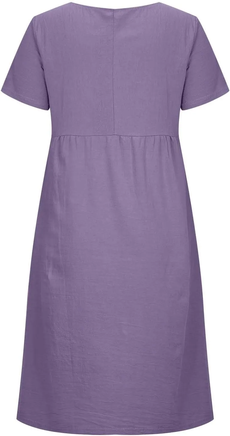 ZDRZK Beach Dresses for Women Cotton Linen Short Sleeve Crewneck Maxi Dress Oversized Loose Fit Casual Summer Dress