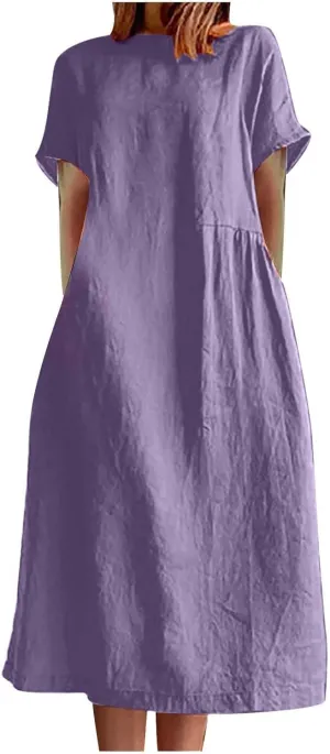 ZDRZK Beach Dresses for Women Cotton Linen Short Sleeve Crewneck Maxi Dress Oversized Loose Fit Casual Summer Dress