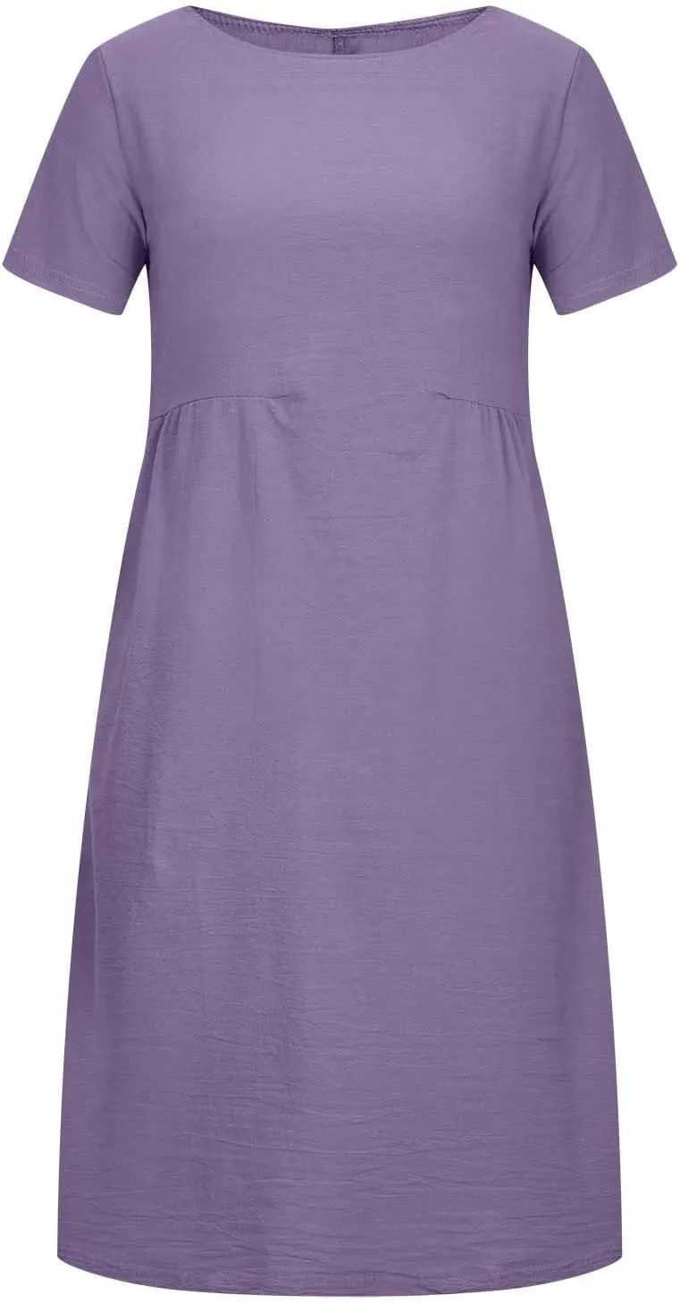 ZDRZK Beach Dresses for Women Cotton Linen Short Sleeve Crewneck Maxi Dress Oversized Loose Fit Casual Summer Dress