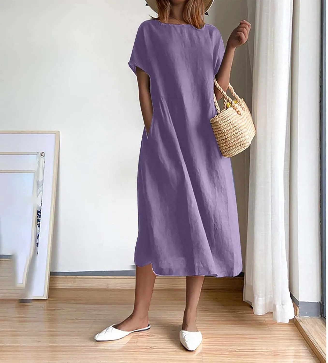 ZDRZK Beach Dresses for Women Cotton Linen Short Sleeve Crewneck Maxi Dress Oversized Loose Fit Casual Summer Dress