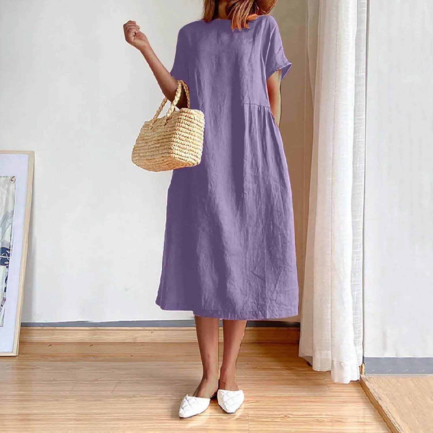 ZDRZK Beach Dresses for Women Cotton Linen Short Sleeve Crewneck Maxi Dress Oversized Loose Fit Casual Summer Dress