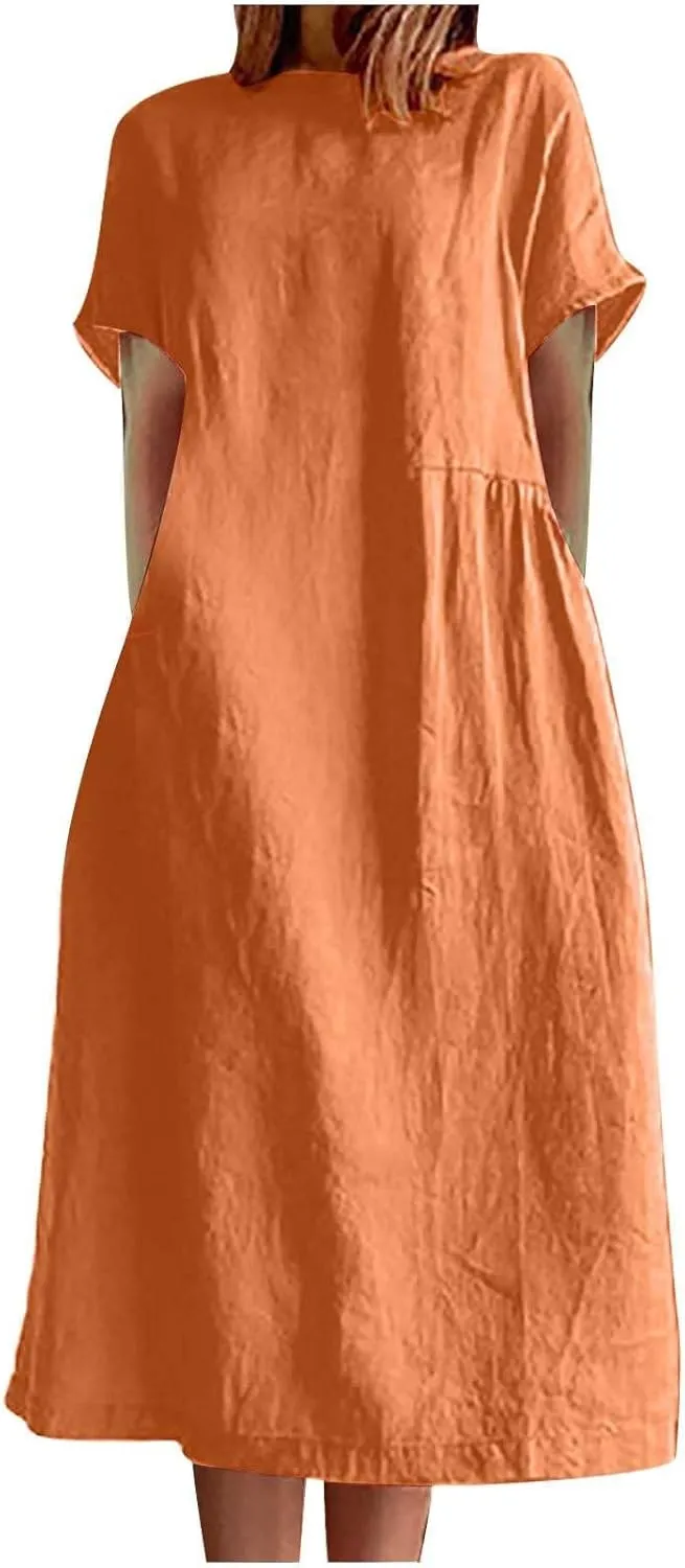ZDRZK Beach Dresses for Women Cotton Linen Short Sleeve Crewneck Maxi Dress Oversized Loose Fit Casual Summer Dress