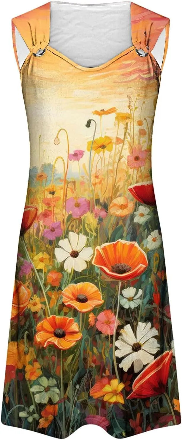 ZDRZK Casual Dresses for Women Boho Floral Print Mini Dress 2024 Vacation Trendy Summer A-Line Sleeveless Sundresses