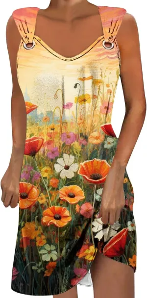 ZDRZK Casual Dresses for Women Boho Floral Print Mini Dress 2024 Vacation Trendy Summer A-Line Sleeveless Sundresses