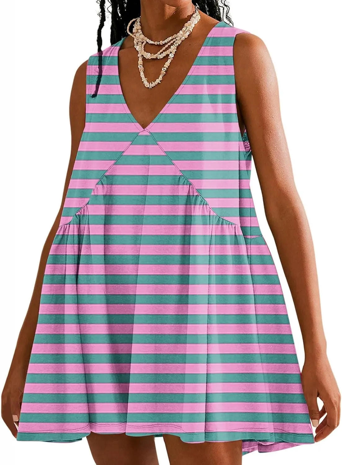 ZDRZK Flowy Dresses for Women Summer Stripes Casual Sleeveless Mini Dress 2024 Babydoll Swing Pleated Beach Sundresses