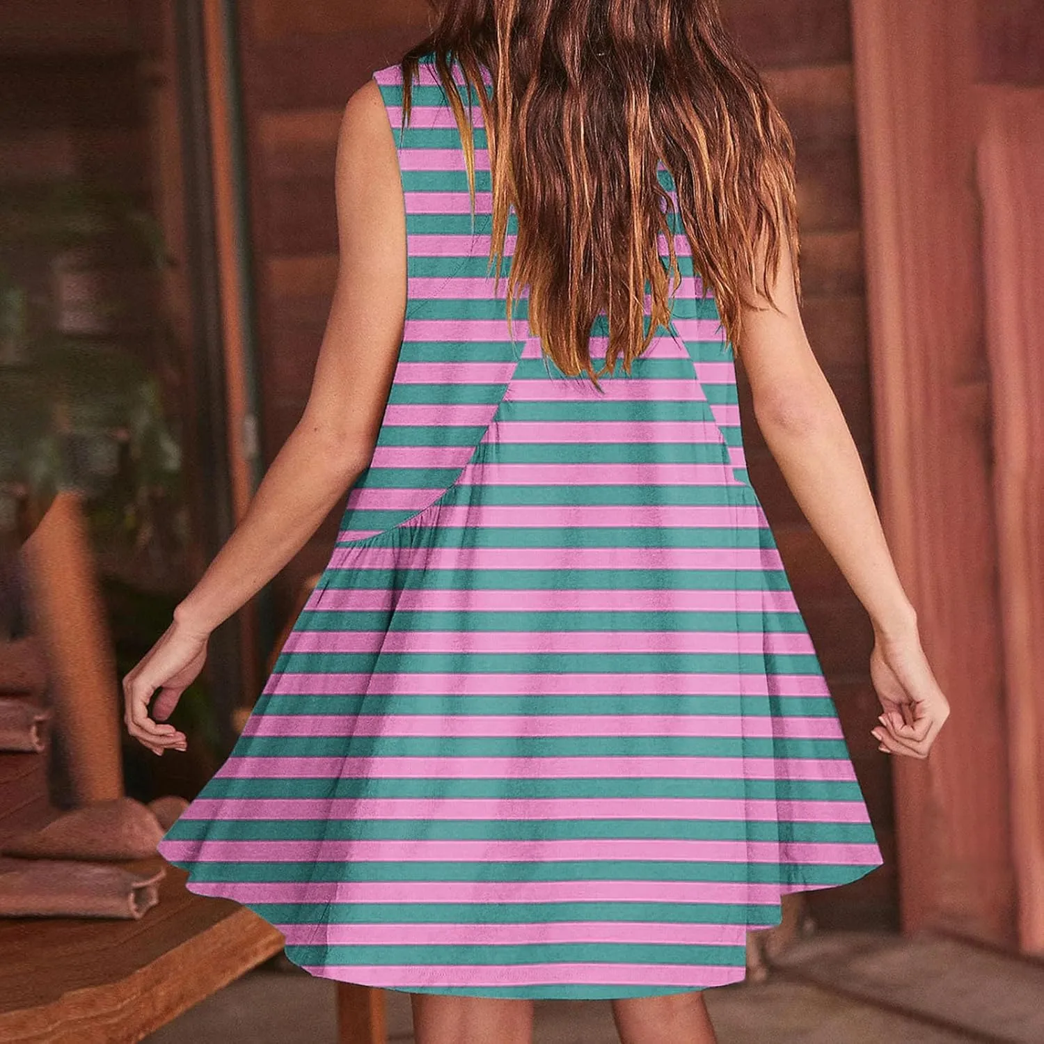 ZDRZK Flowy Dresses for Women Summer Stripes Casual Sleeveless Mini Dress 2024 Babydoll Swing Pleated Beach Sundresses