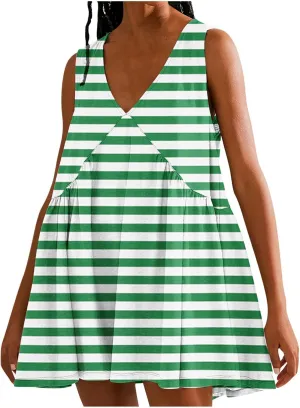 ZDRZK Flowy Dresses for Women Summer Stripes Casual Sleeveless Mini Dress 2024 Babydoll Swing Pleated Beach Sundresses
