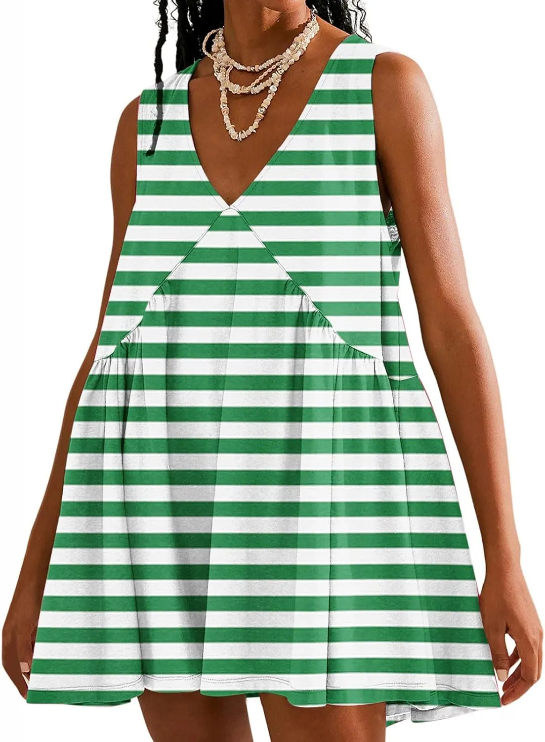 ZDRZK Flowy Dresses for Women Summer Stripes Casual Sleeveless Mini Dress 2024 Babydoll Swing Pleated Beach Sundresses