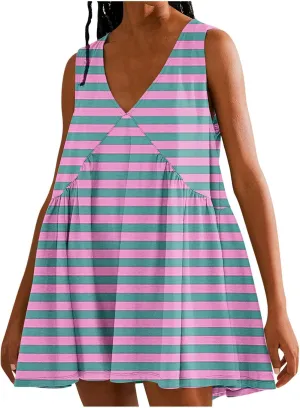 ZDRZK Flowy Dresses for Women Summer Stripes Casual Sleeveless Mini Dress 2024 Babydoll Swing Pleated Beach Sundresses