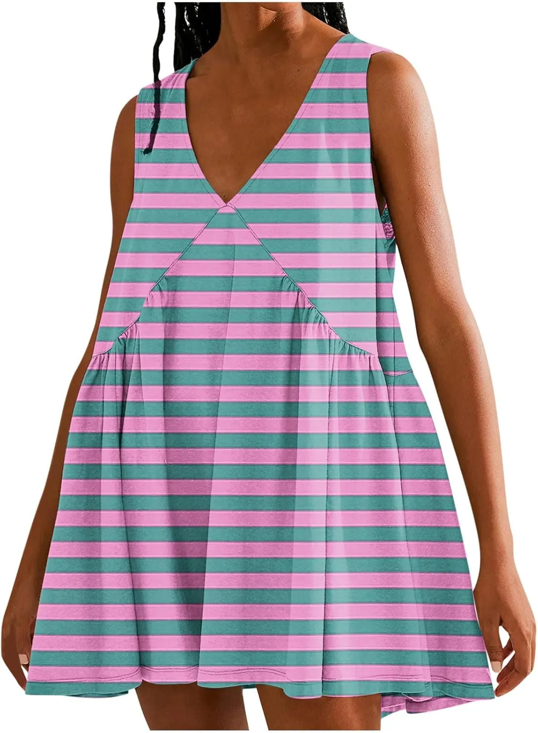 ZDRZK Flowy Dresses for Women Summer Stripes Casual Sleeveless Mini Dress 2024 Babydoll Swing Pleated Beach Sundresses