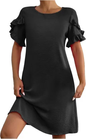 ZDRZK Summer Maxi Dresses for Women 2024 Short Ruffle Sleeve Midi Dress Casual Crewneck Flowy Swing A Line Dresses
