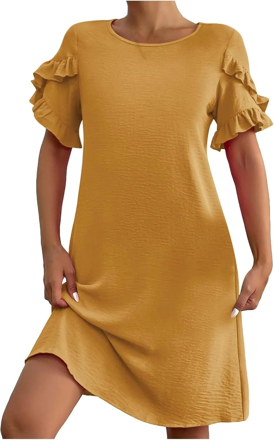ZDRZK Summer Maxi Dresses for Women 2024 Short Ruffle Sleeve Midi Dress Casual Crewneck Flowy Swing A Line Dresses