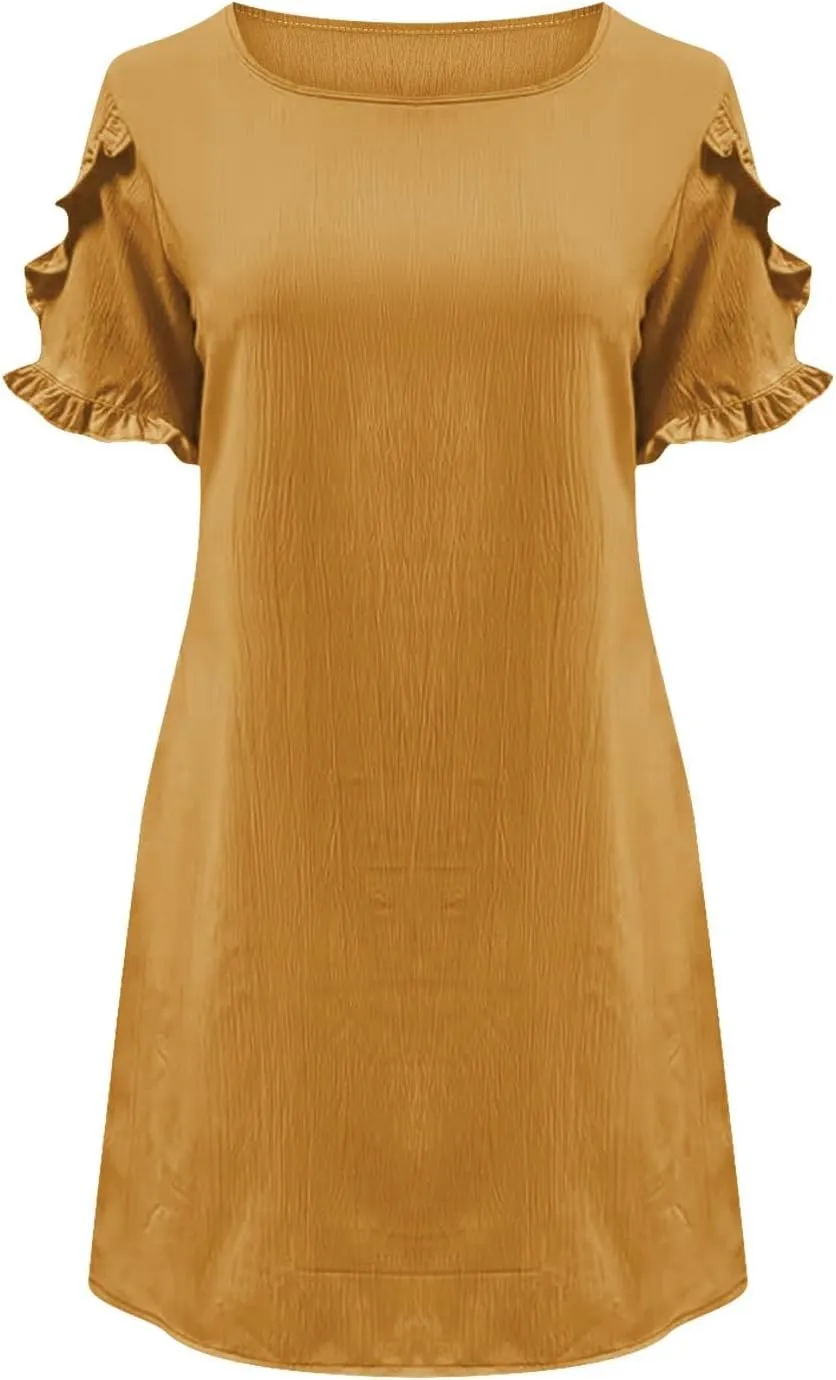 ZDRZK Summer Maxi Dresses for Women 2024 Short Ruffle Sleeve Midi Dress Casual Crewneck Flowy Swing A Line Dresses