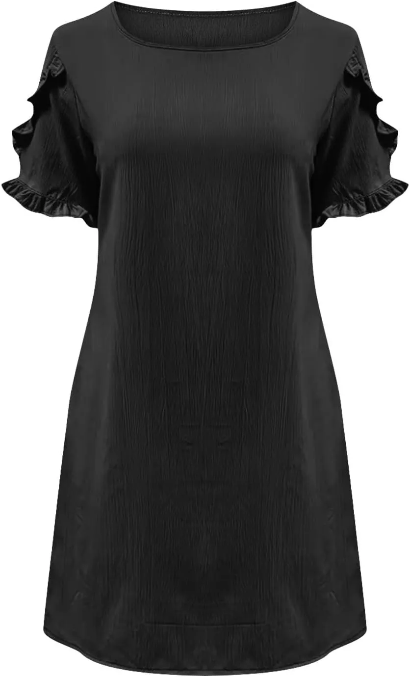 ZDRZK Summer Maxi Dresses for Women 2024 Short Ruffle Sleeve Midi Dress Casual Crewneck Flowy Swing A Line Dresses