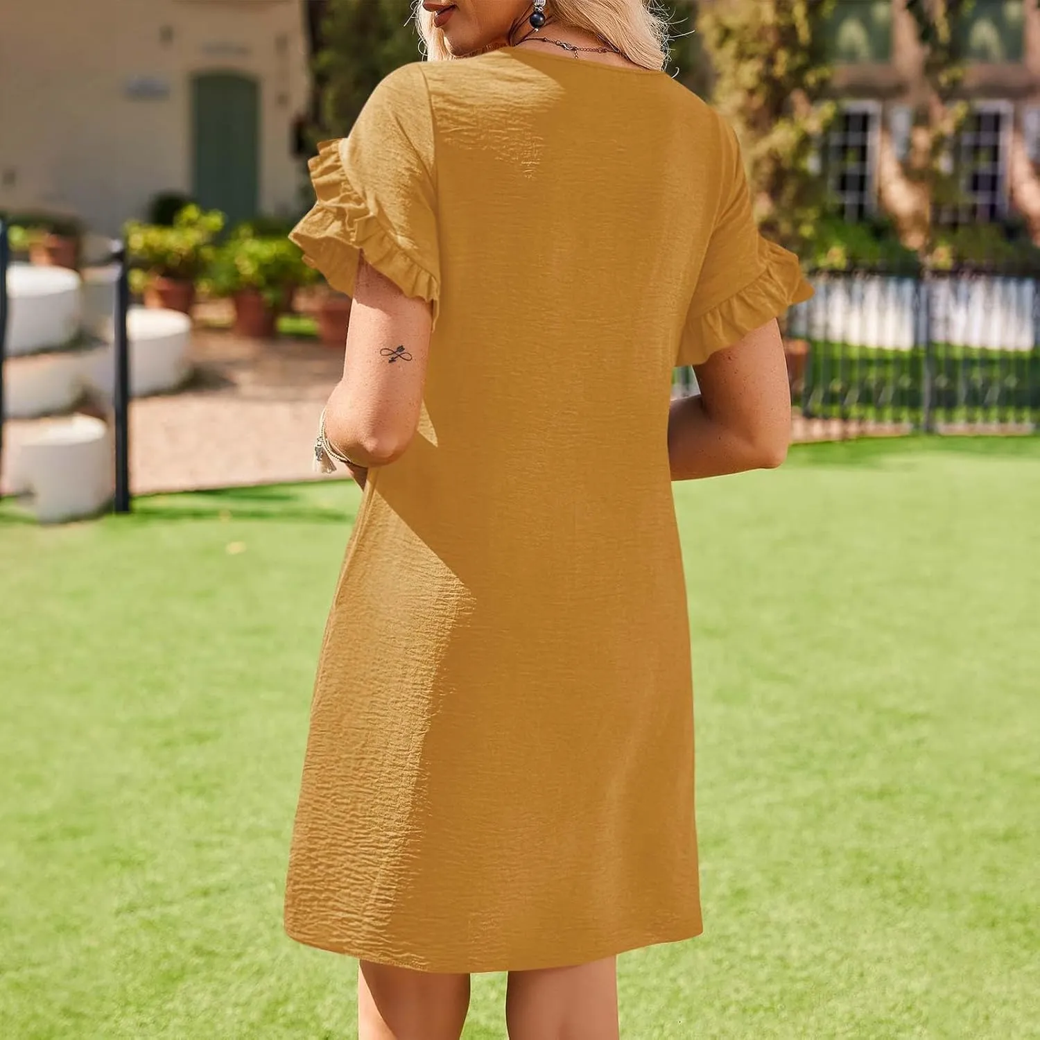 ZDRZK Summer Maxi Dresses for Women 2024 Short Ruffle Sleeve Midi Dress Casual Crewneck Flowy Swing A Line Dresses