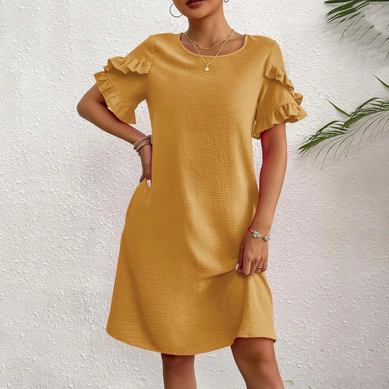 ZDRZK Summer Maxi Dresses for Women 2024 Short Ruffle Sleeve Midi Dress Casual Crewneck Flowy Swing A Line Dresses