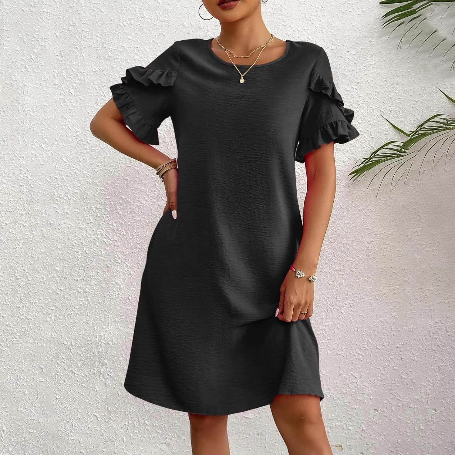 ZDRZK Summer Maxi Dresses for Women 2024 Short Ruffle Sleeve Midi Dress Casual Crewneck Flowy Swing A Line Dresses