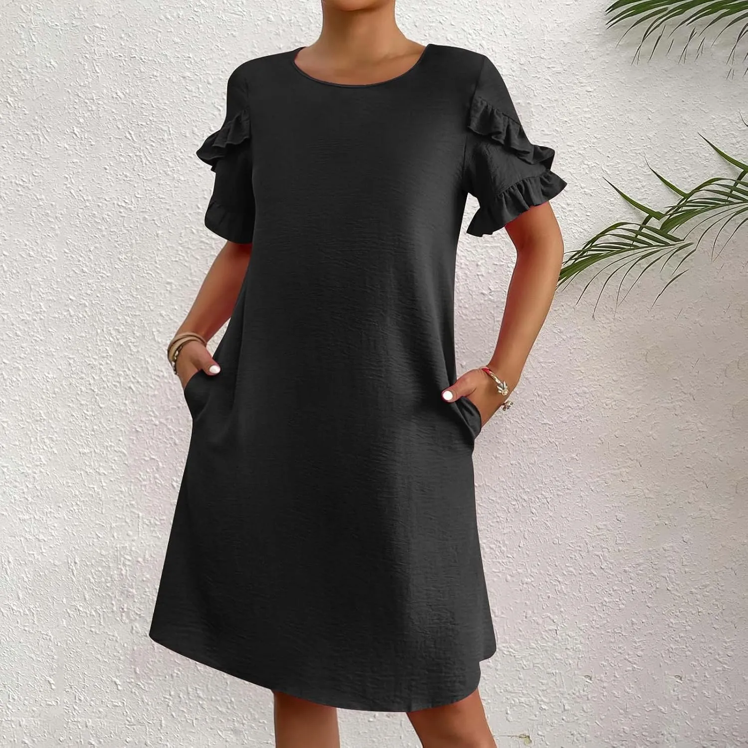 ZDRZK Summer Maxi Dresses for Women 2024 Short Ruffle Sleeve Midi Dress Casual Crewneck Flowy Swing A Line Dresses