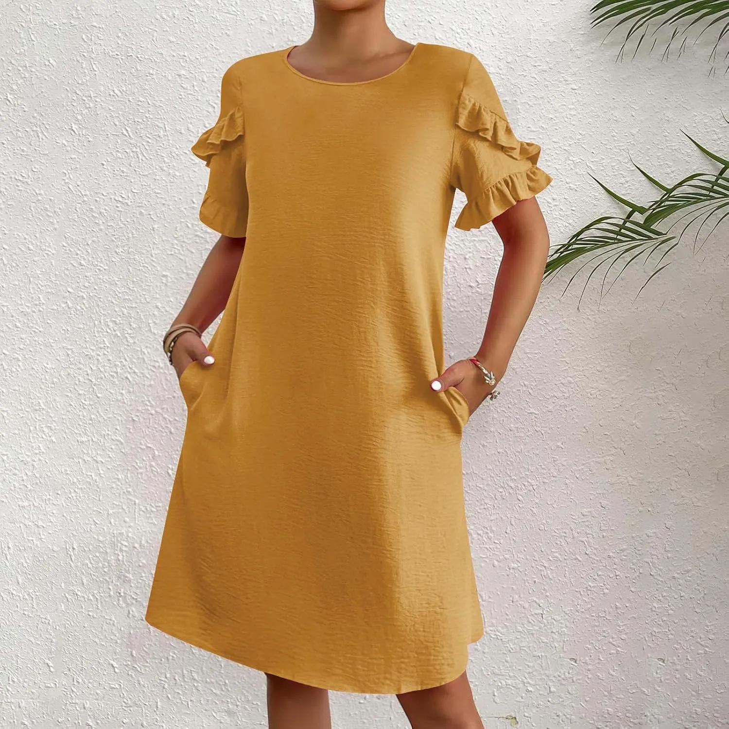 ZDRZK Summer Maxi Dresses for Women 2024 Short Ruffle Sleeve Midi Dress Casual Crewneck Flowy Swing A Line Dresses