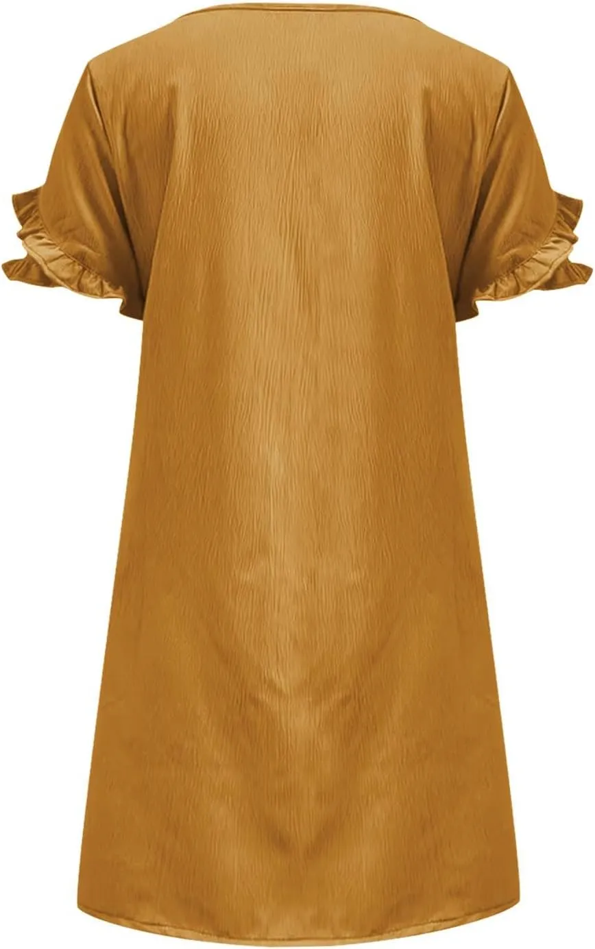 ZDRZK Summer Maxi Dresses for Women 2024 Short Ruffle Sleeve Midi Dress Casual Crewneck Flowy Swing A Line Dresses