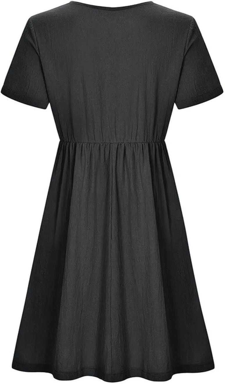 ZDRZK Women Summer Dresses with Plus Size Short Sleeve Button Down Sundresses Casual Pleated Cotton Linen Pocketed Dress