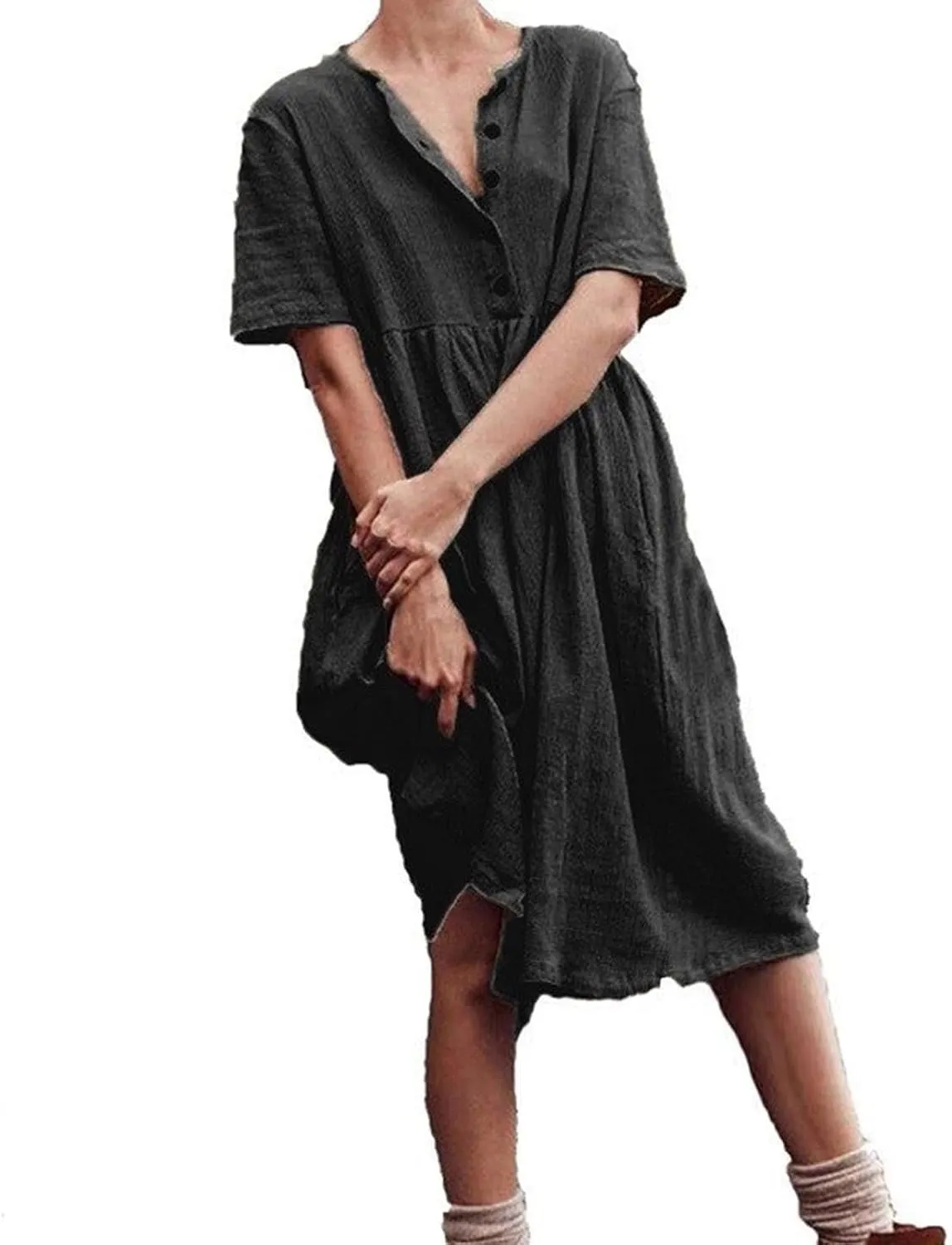 ZDRZK Women Summer Dresses with Plus Size Short Sleeve Button Down Sundresses Casual Pleated Cotton Linen Pocketed Dress