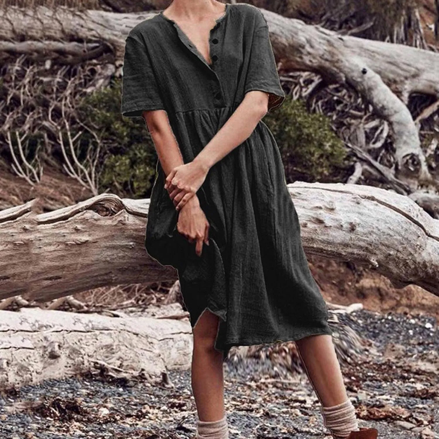 ZDRZK Women Summer Dresses with Plus Size Short Sleeve Button Down Sundresses Casual Pleated Cotton Linen Pocketed Dress