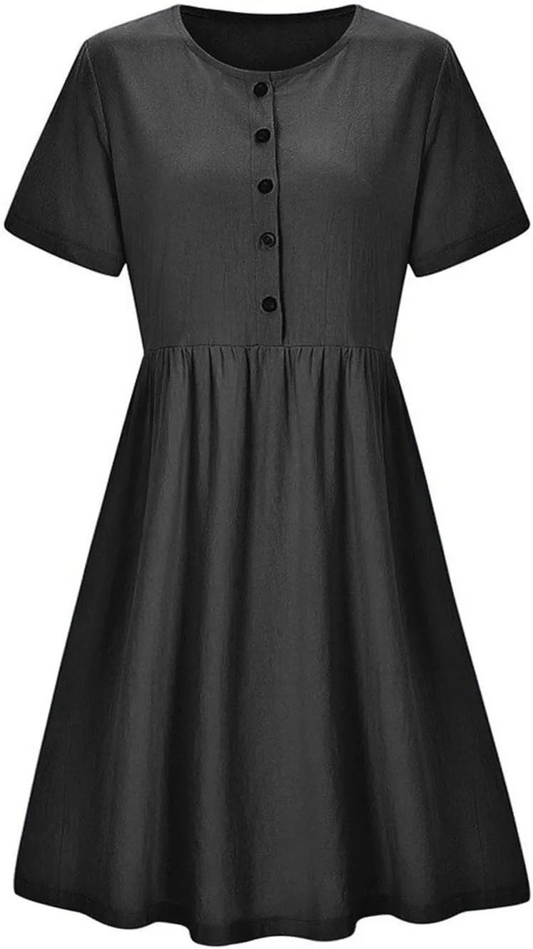 ZDRZK Women Summer Dresses with Plus Size Short Sleeve Button Down Sundresses Casual Pleated Cotton Linen Pocketed Dress