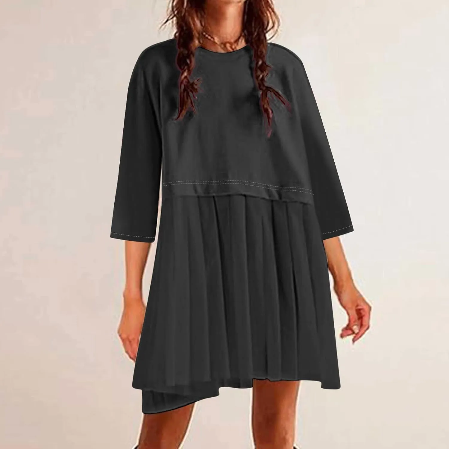 ZDRZK Women's Summer Dresses 3/4 Sleeve Crewneck Solid Color Casual Sundresses Loose Flowy Beach Mini Dress Trendy 2024
