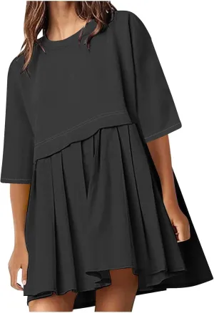 ZDRZK Women's Summer Dresses 3/4 Sleeve Crewneck Solid Color Casual Sundresses Loose Flowy Beach Mini Dress Trendy 2024