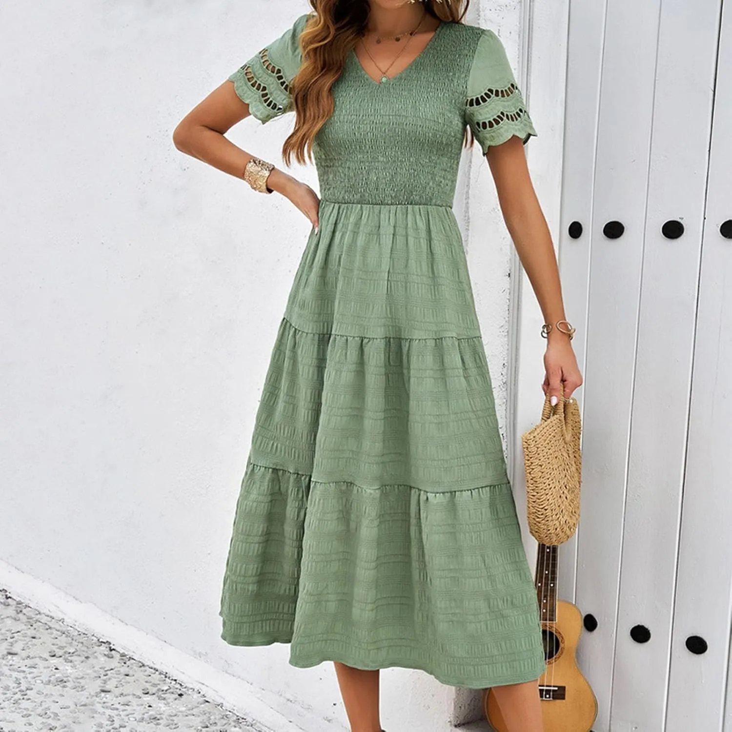 ZDRZK Womens Summer Dresses Short Sleeve Tiered Flowy Smocked Long Sundresses 2024 Vacation Trendy V-Neck Casual Midi Dress