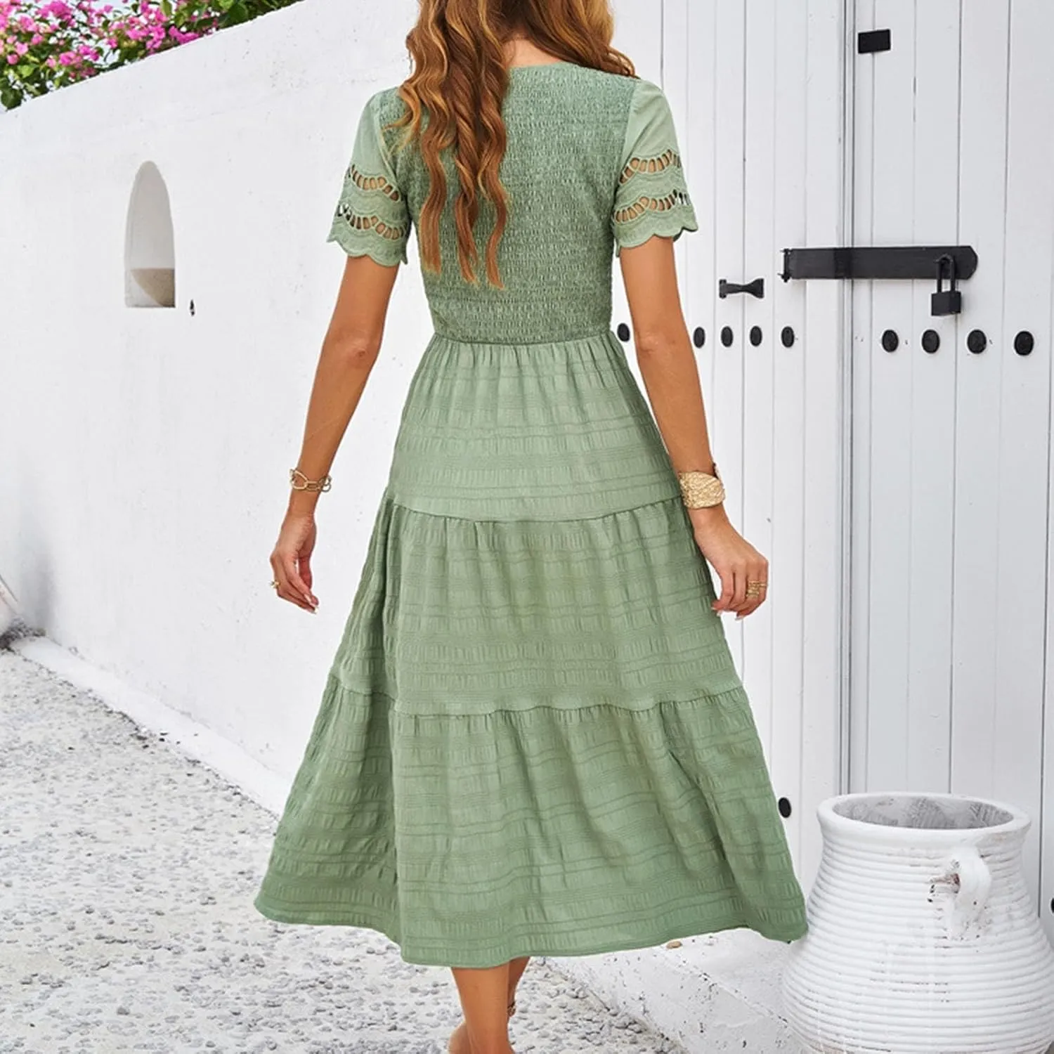 ZDRZK Womens Summer Dresses Short Sleeve Tiered Flowy Smocked Long Sundresses 2024 Vacation Trendy V-Neck Casual Midi Dress