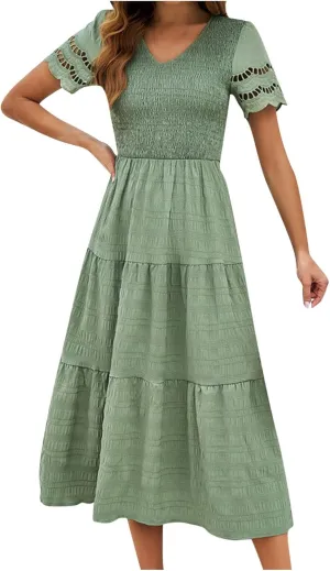 ZDRZK Womens Summer Dresses Short Sleeve Tiered Flowy Smocked Long Sundresses 2024 Vacation Trendy V-Neck Casual Midi Dress